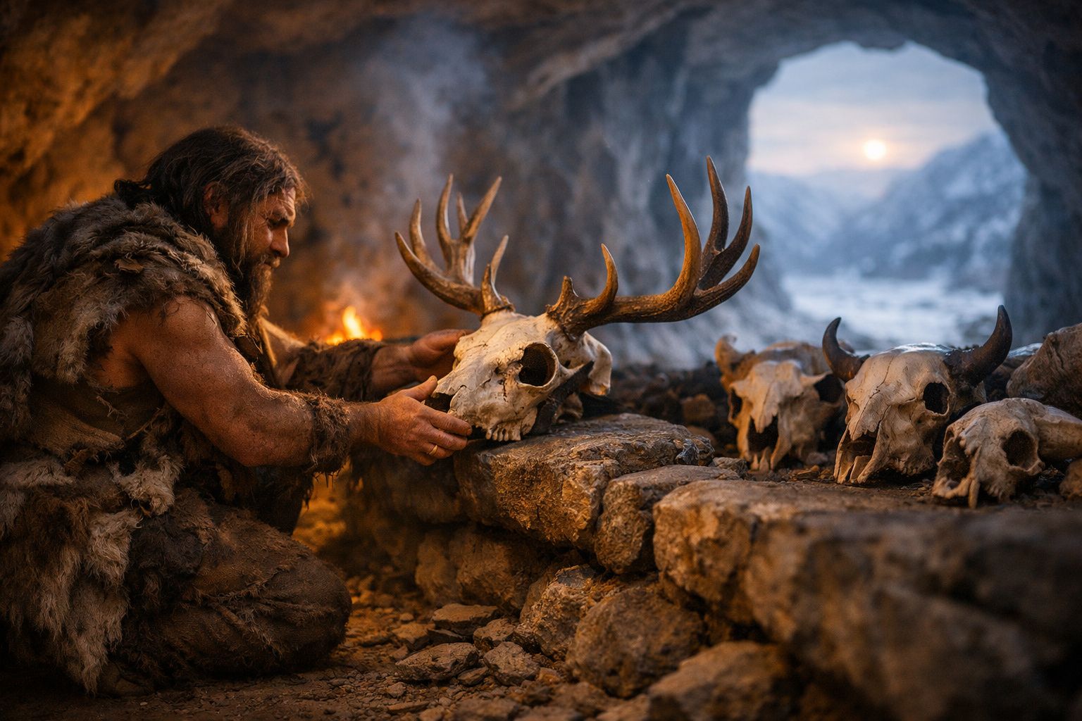 Homem pré-histórico em pele de animal manuseia crânio de veado com chifres numa caverna iluminada por fogo.