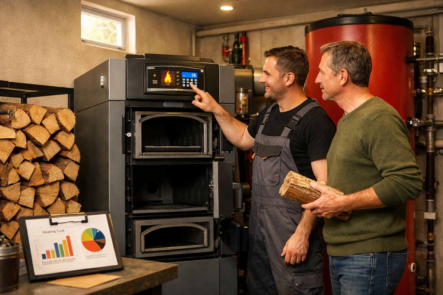 Dois homens em oficina com máquina de aquecimento a lenha, um deles programando o painel digital.