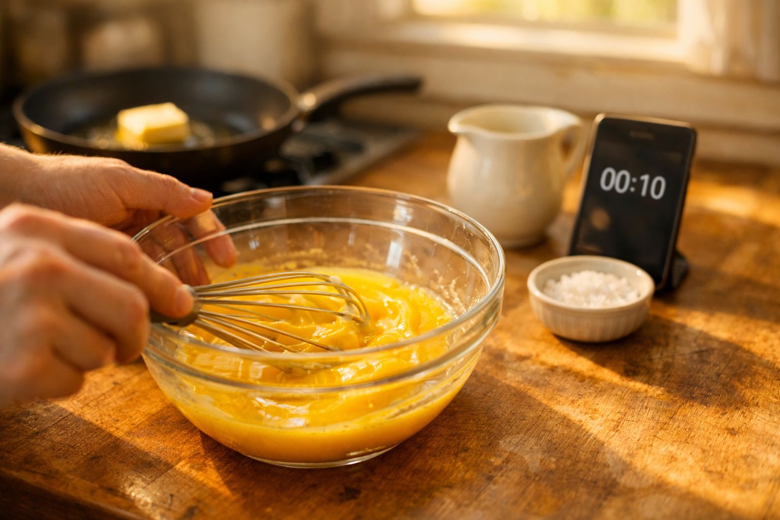 Mãos mexem ovos com vara de arames em tigela de vidro numa cozinha com frigideira, manteiga e saleiro ao fundo.
