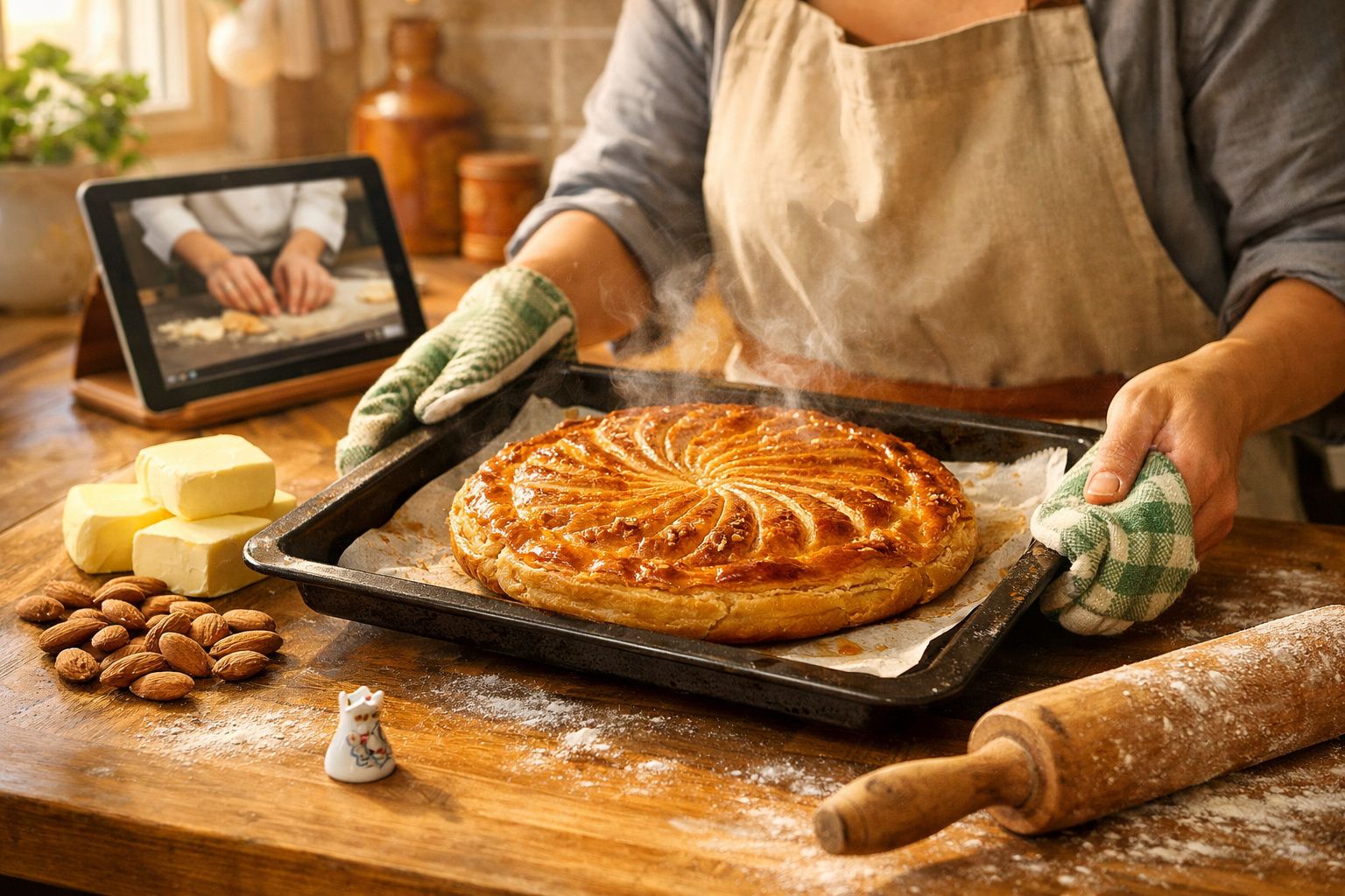 Pessoa a retirar do forno uma tarte dourada com vapor, rodeada de amêndoas, manteiga e utensílios de pastelaria.