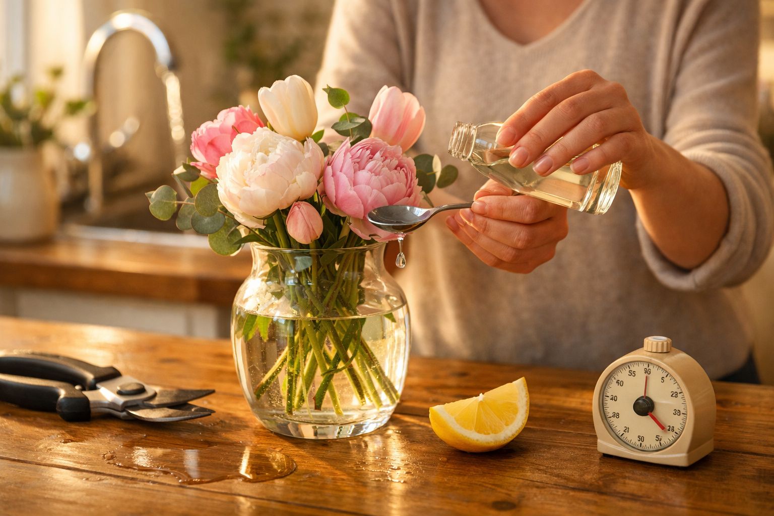 Pessoa a adicionar líquido numa colher para regar flores num jarro de vidro com cortador de ramos e limão à frente.