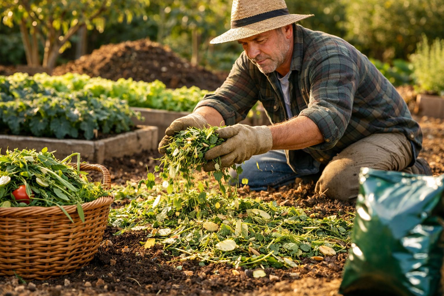 Homem a trabalhar na compostagem de restos orgânicos num jardim, com cesto e plantas ao redor.