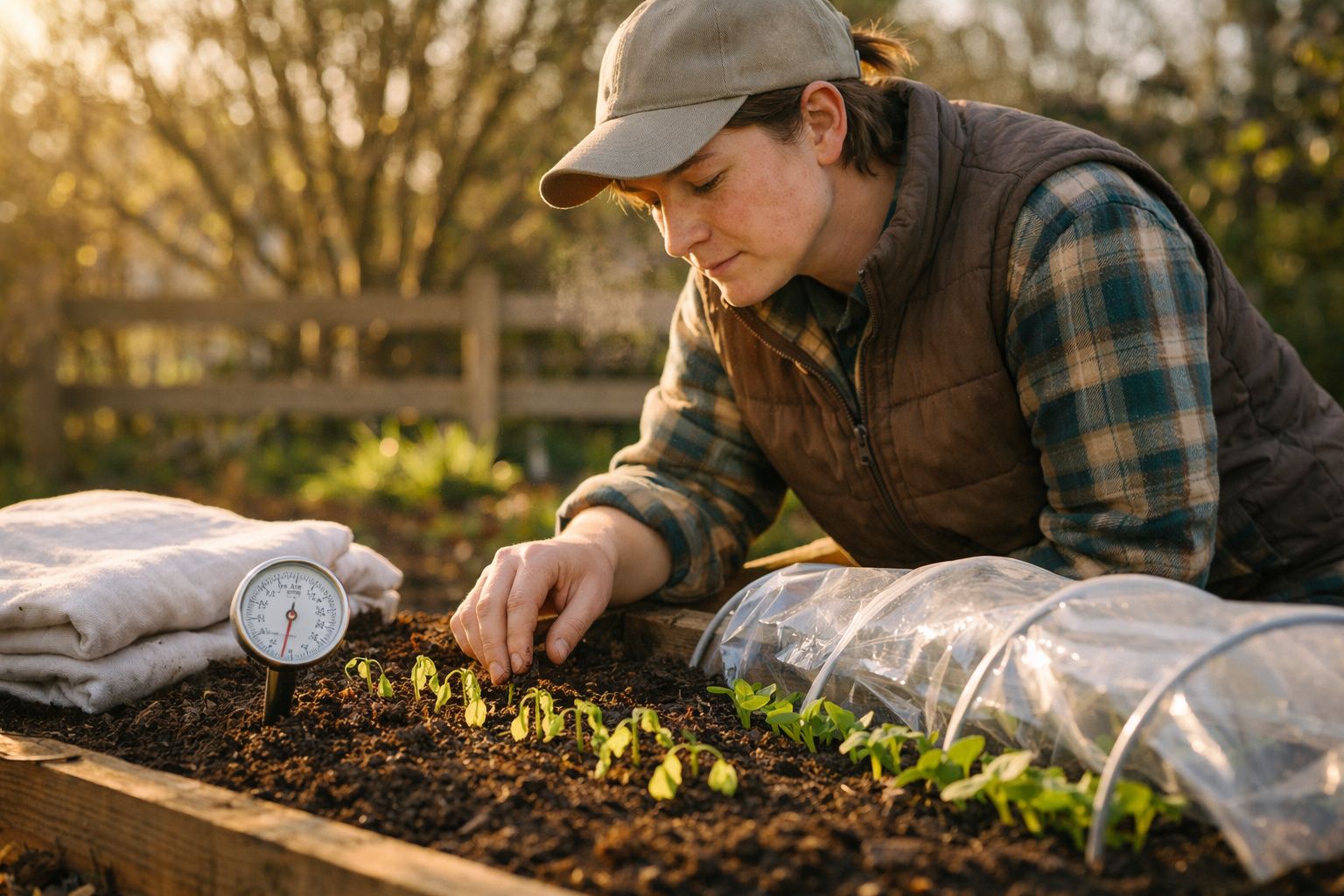 Pessoa a cuidar de pequenas plantas num canteiro de jardim ao ar livre durante o dia.