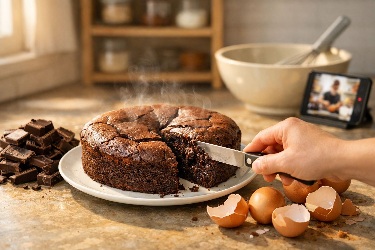 Bolo de chocolate a fumegar numa mesa com pedaços de chocolate, cascas de ovos e mão a cortar fatia.