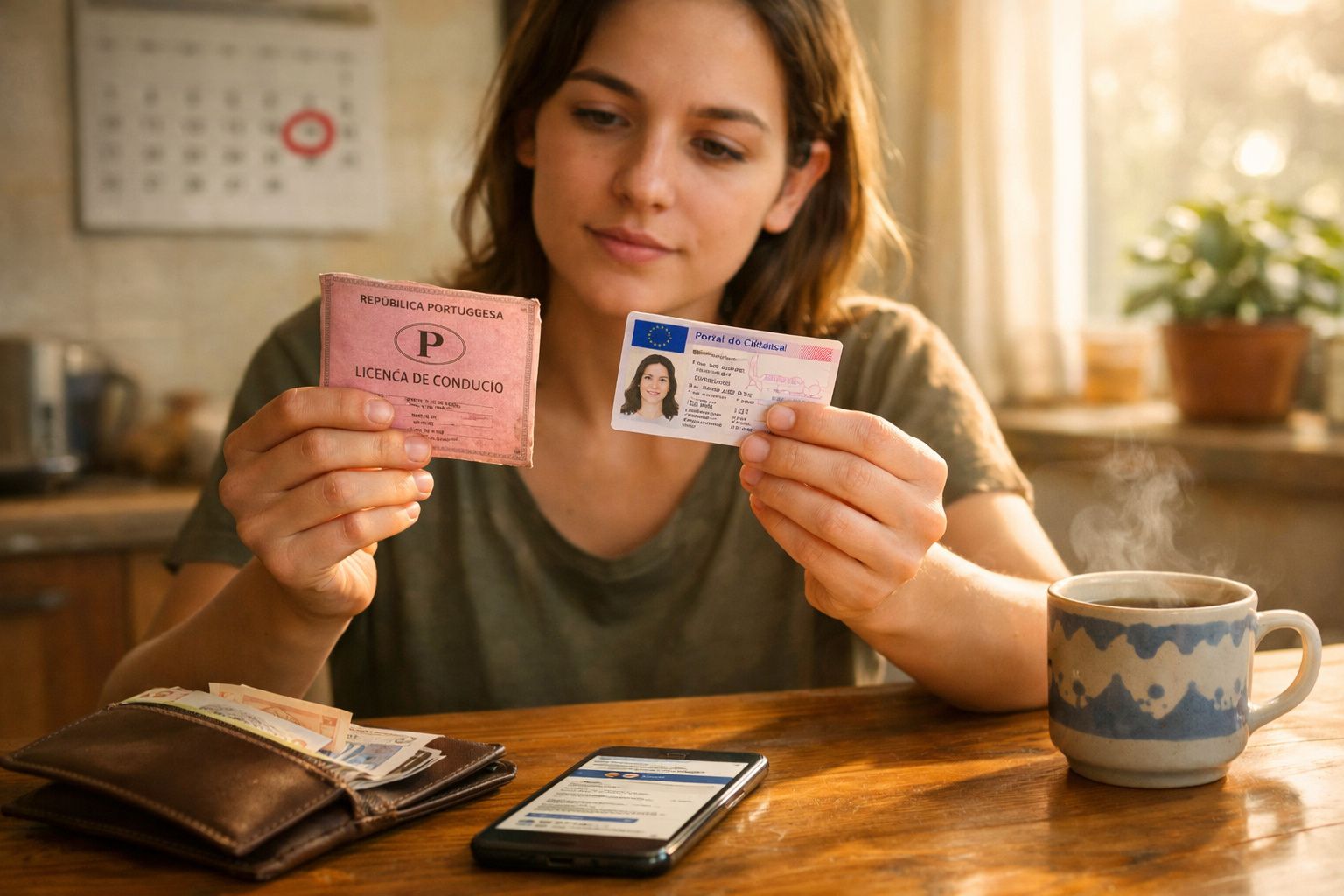 Mulher a comparar carta de condução antiga com a nova junto a uma chávena de chá na cozinha.