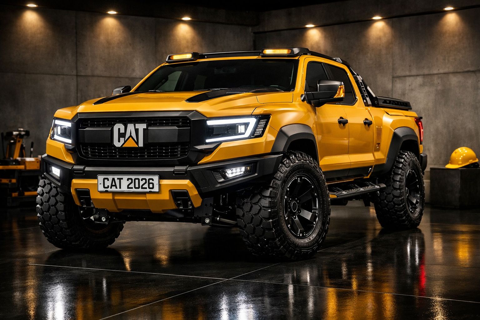 Pick-up robusta amarela CAT 2026 com luzes LED, pneus off-road e em ambiente industrial moderno.