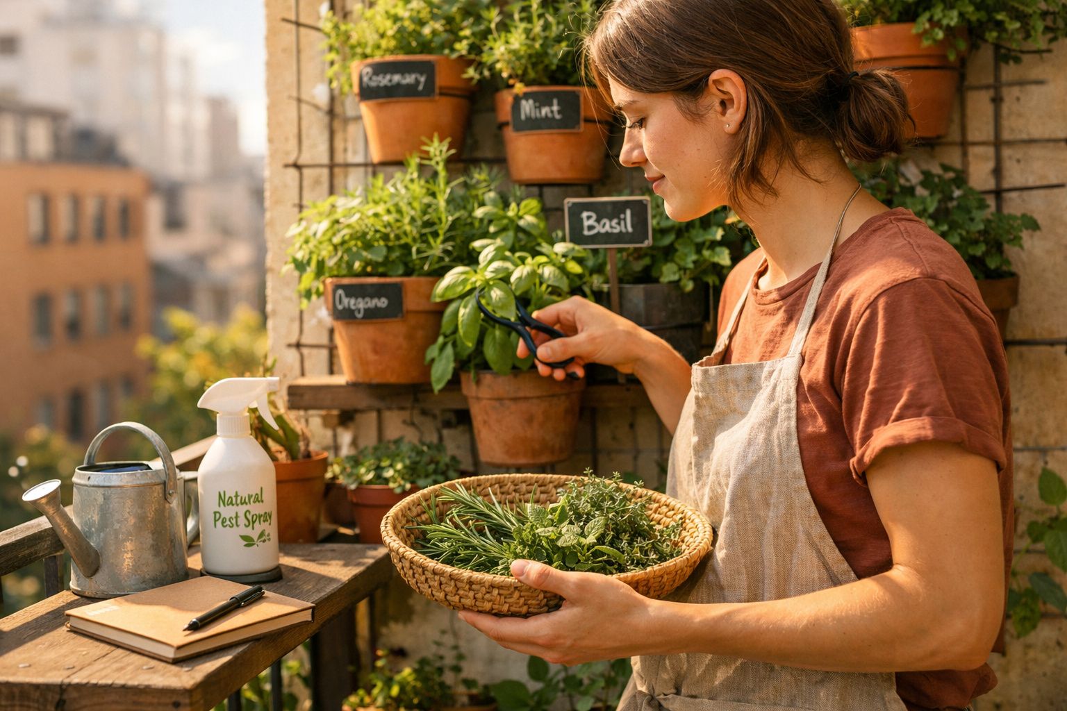 Mulher a colher ervas aromáticas num jardim urbano com vasos etiquetados e cesta de colheita.