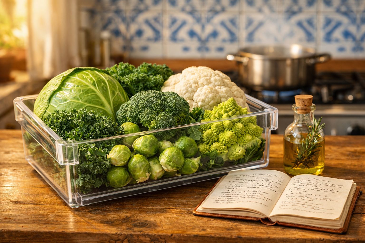 Tabuleiro transparente com couve, brócolos, couve-flor, couve de Bruxelas e romanescu numa cozinha rústica.