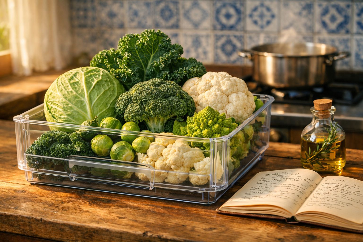 Caixa transparente com vários legumes verdes e brancos sobre mesa de madeira numa cozinha ensolarada.