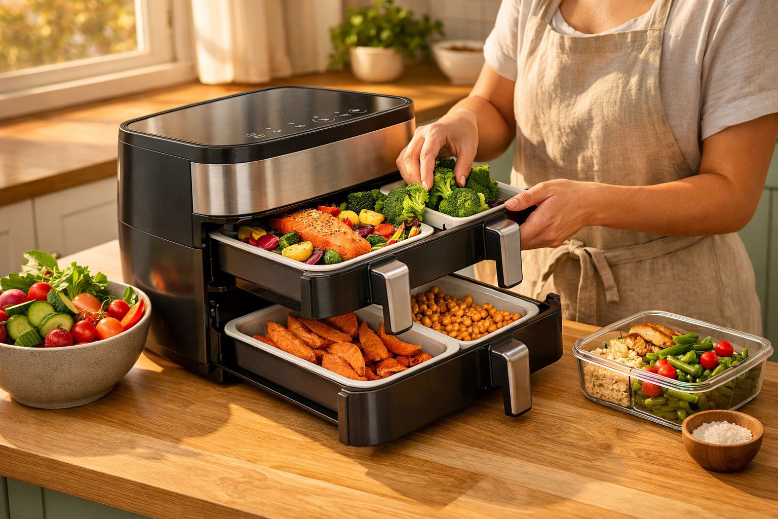 Máquina de cozinha com gavetas a cozinhar salmão, legumes, grão-de-bico e batatas doces, com pessoa a manusear.