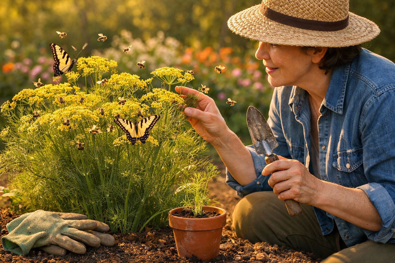 Mulher de chapéu cuida de flores amarelas enquanto borboletas e abelhas voam ao redor no jardim.