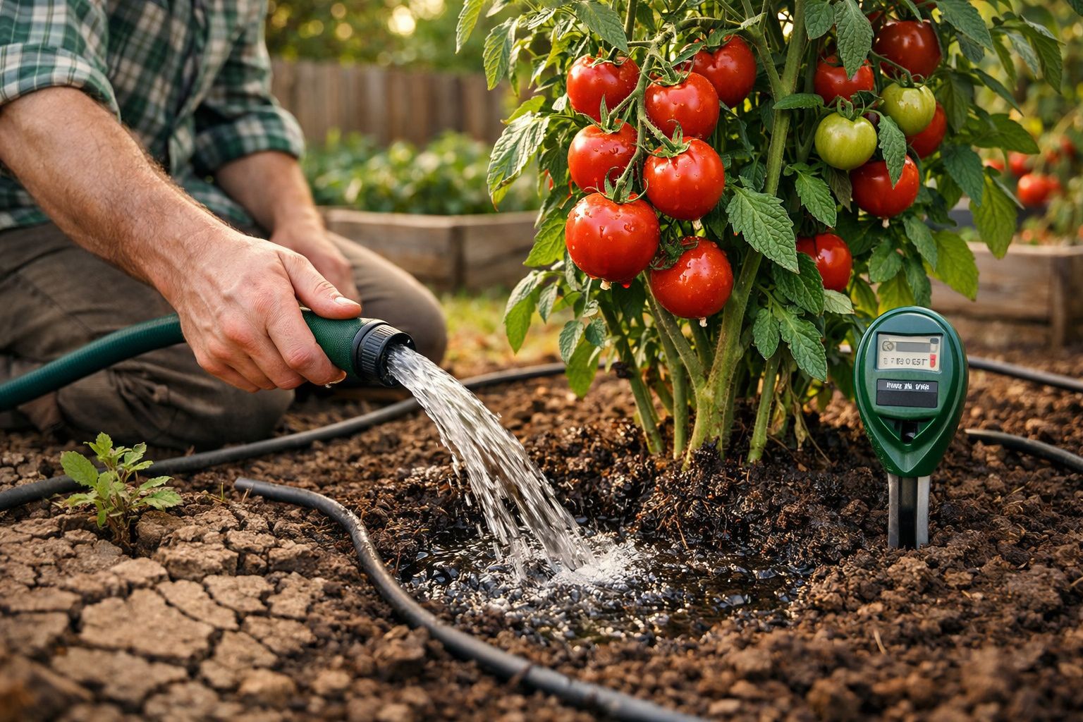 Pessoa a regar planta de tomateiras com frutos maduros em solo irrigado com tubo e sensor de humidade.