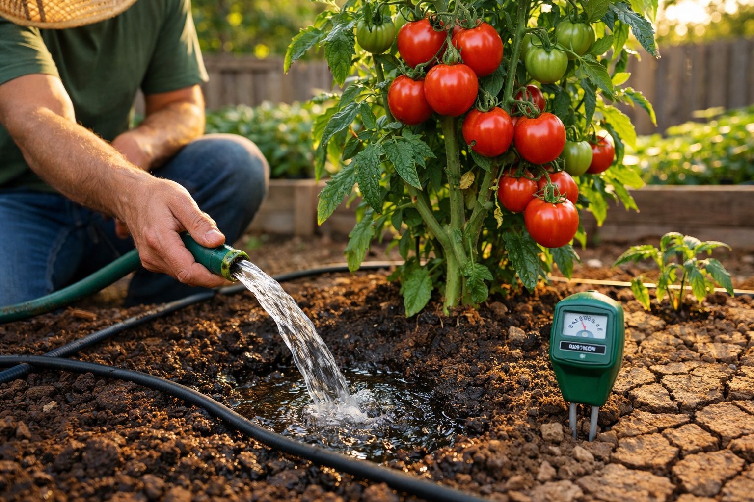 Pessoa a regar tomateira com frutos vermelhos e higrómetro a medir humidade do solo num jardim.