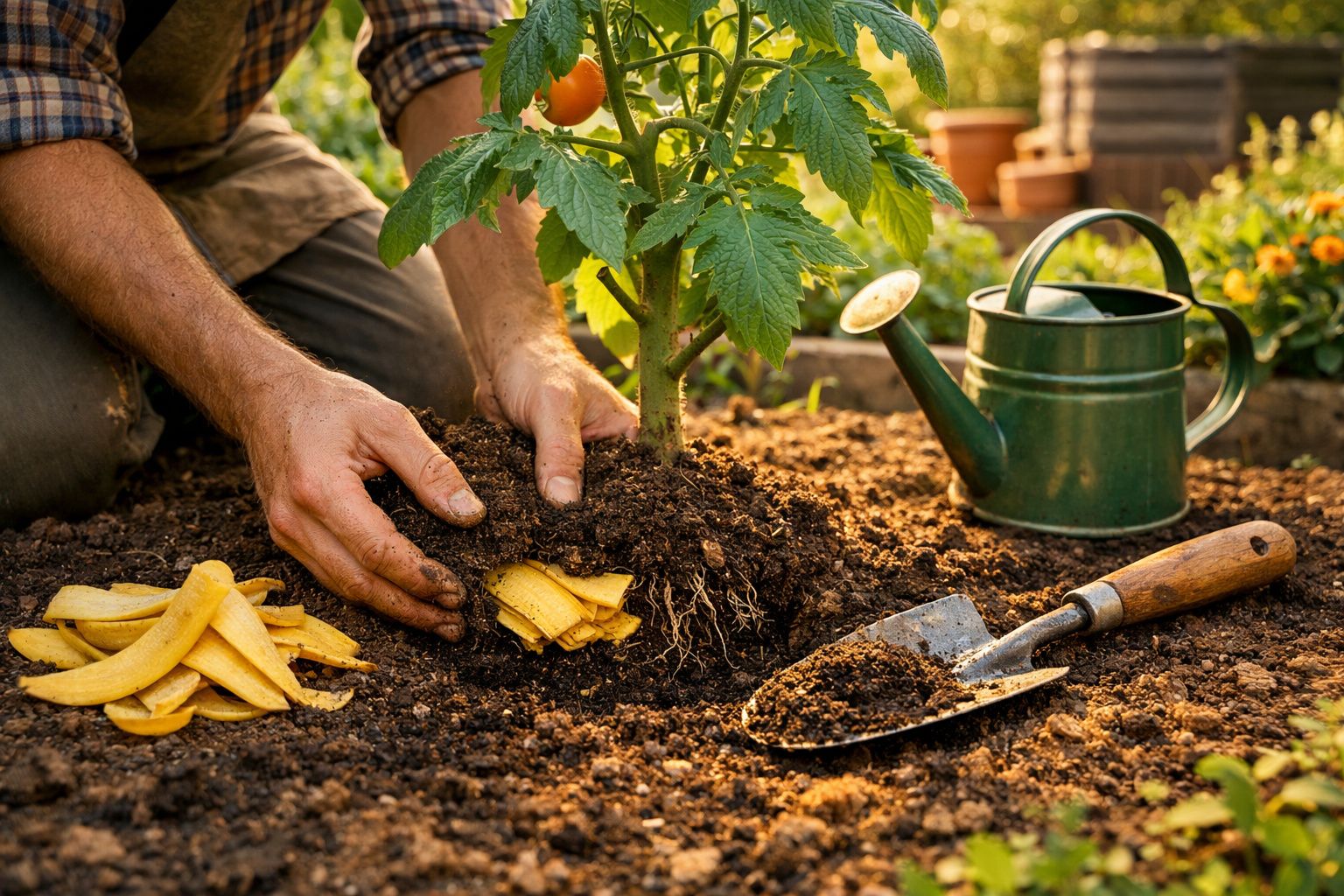 Pessoa a plantar uma muda de tomateira, com cascas de banana, regador e enxada no solo.
