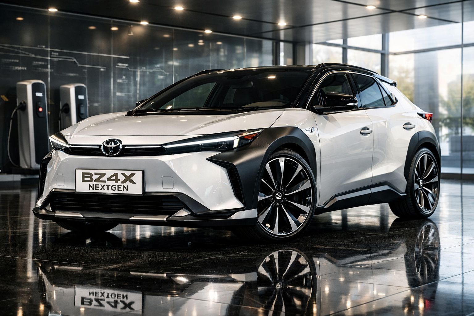 Carro elétrico Toyota BZ4X Nextgen branco, design moderno, numa exposição com carregadores ao fundo.