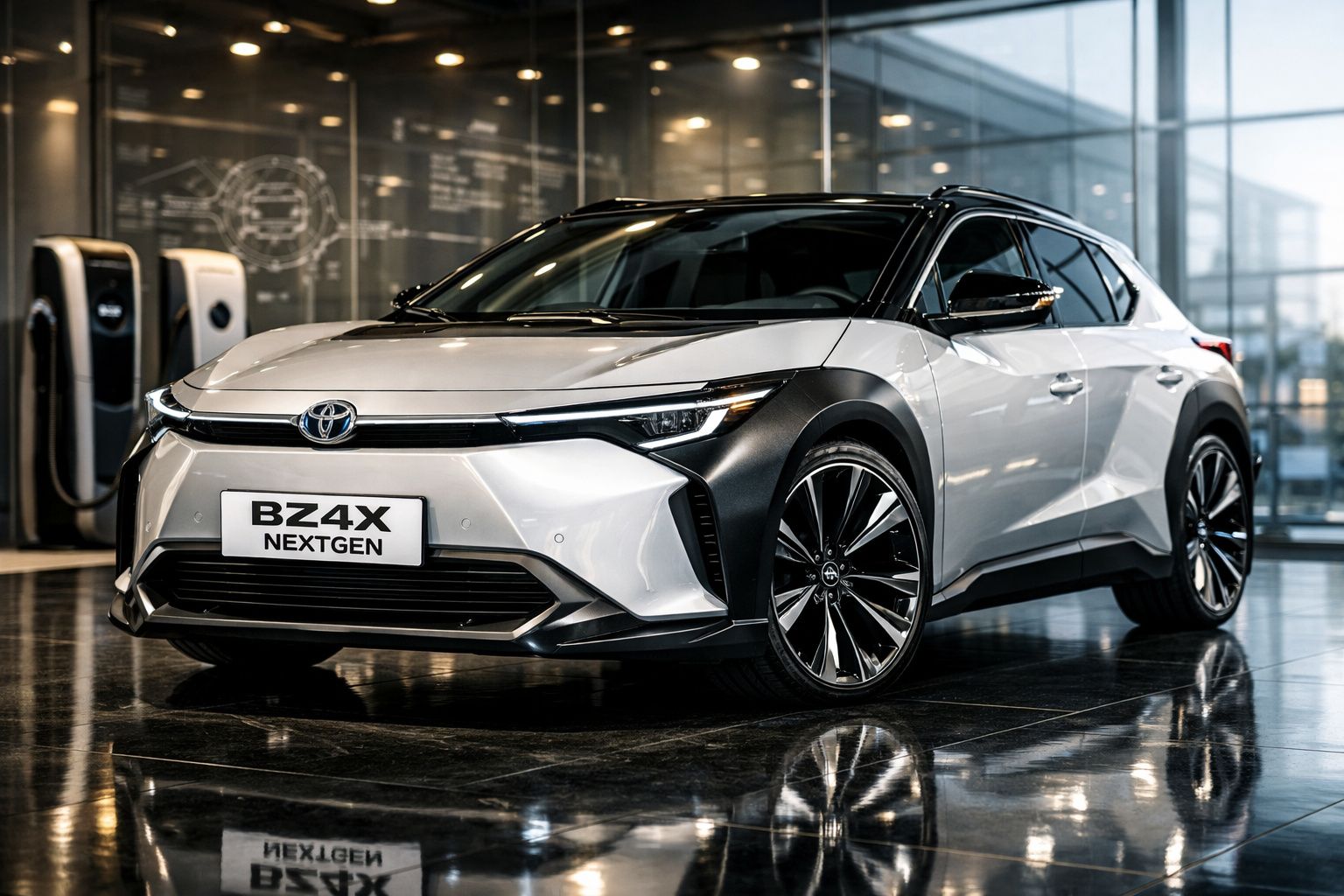 Carro elétrico Toyota BZ4X Nextgen prata exibido em ambiente moderno com estação de carregamento ao fundo.
