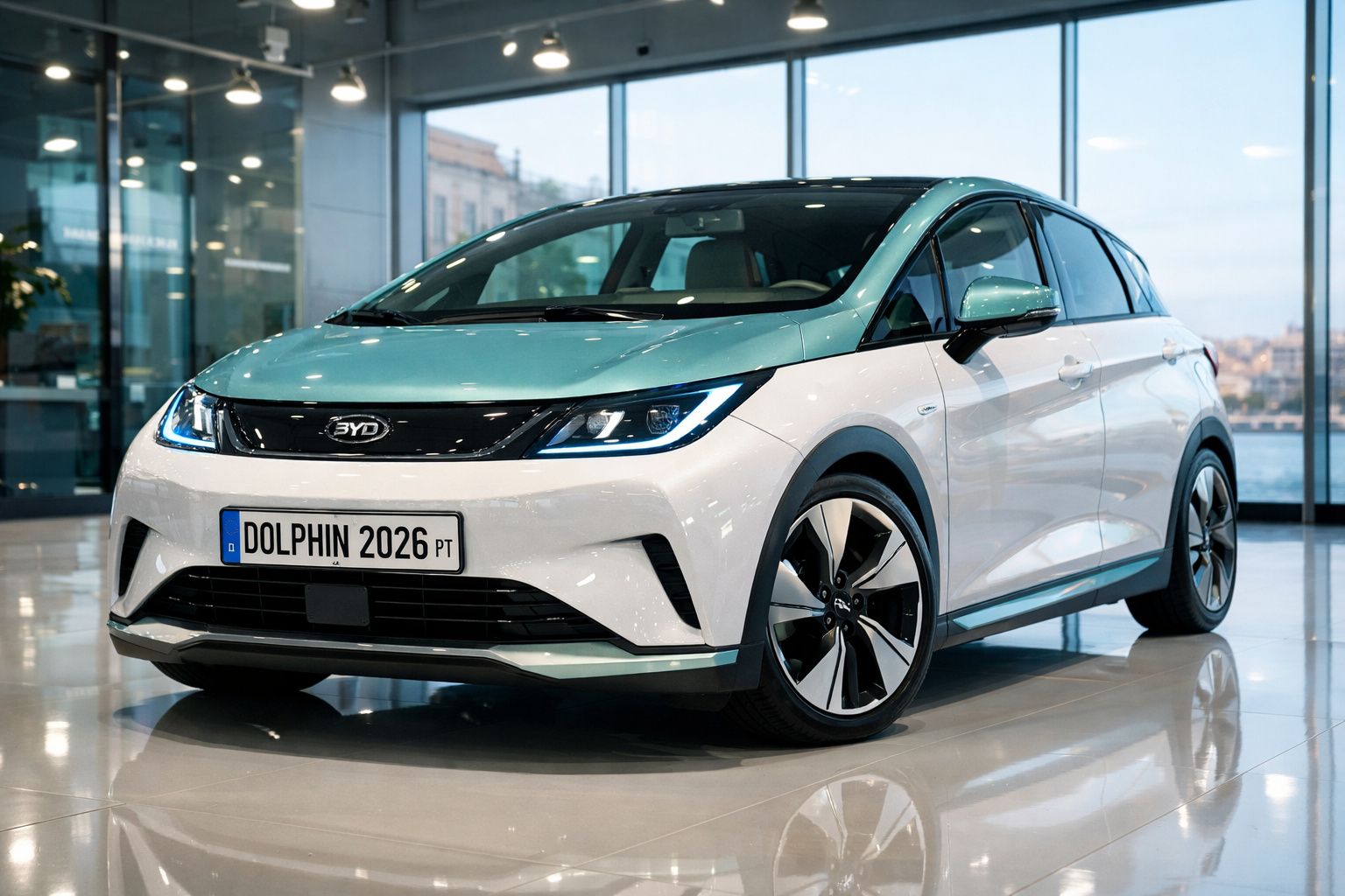 Automóvel elétrico branco e verde estacionado em showroom com vidros grandes ao fundo.