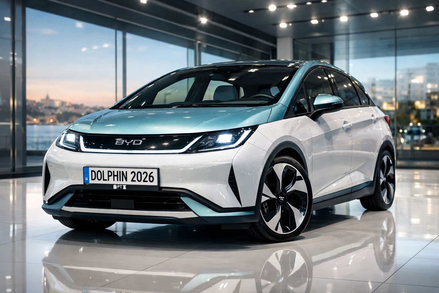 Carro elétrico BYD Dolphin 2026 branco e azul numa sala de exposição com reflexos no chão.