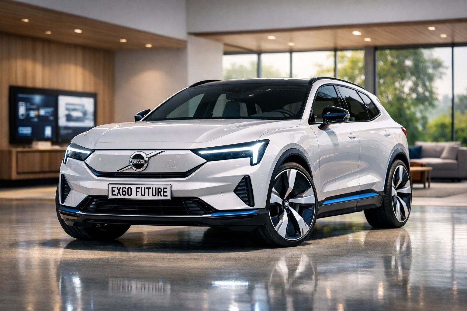 Carro elétrico Volvo EX60 Future branco estacionado num interior moderno com janelas amplas e luz natural.