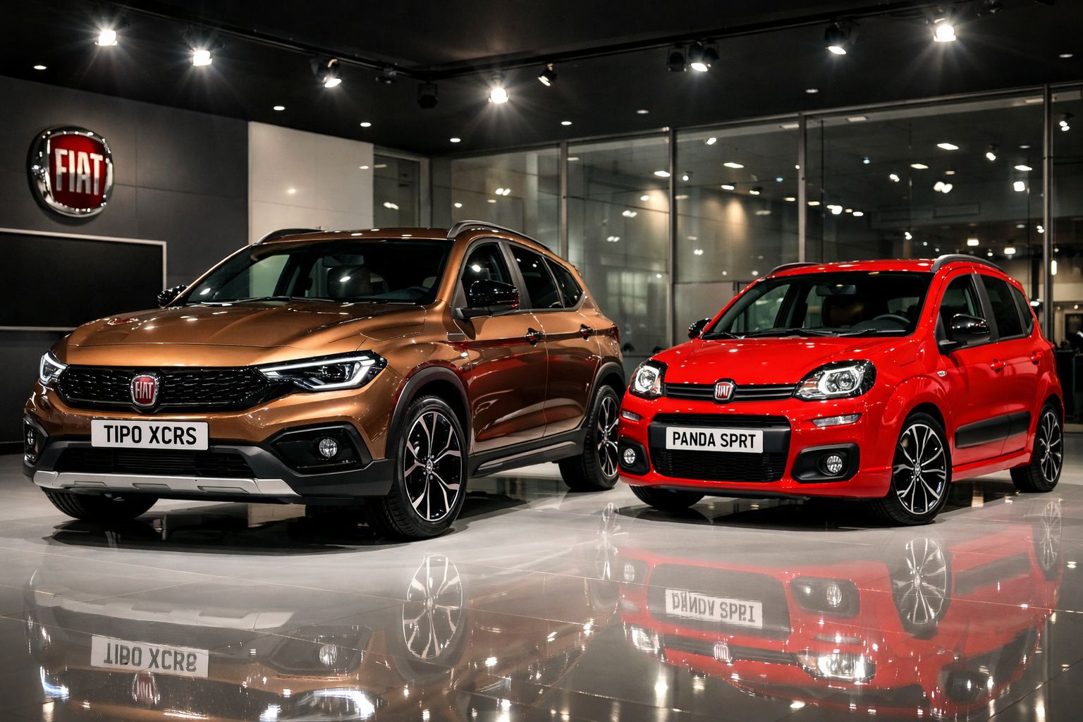 Dois carros Fiat, Tipo XCRS castanho e Panda SPRT vermelho, expostos numa sala iluminada e moderna.