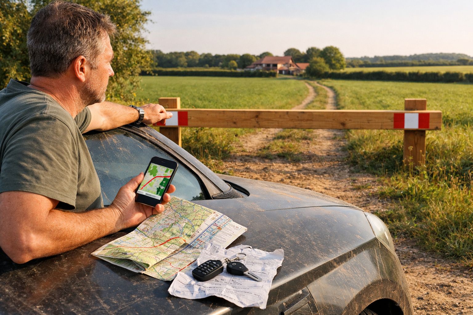Homem encostado em carro parado à frente de estrada bloqueada, segurando telemóvel com mapa e mapas no capot.