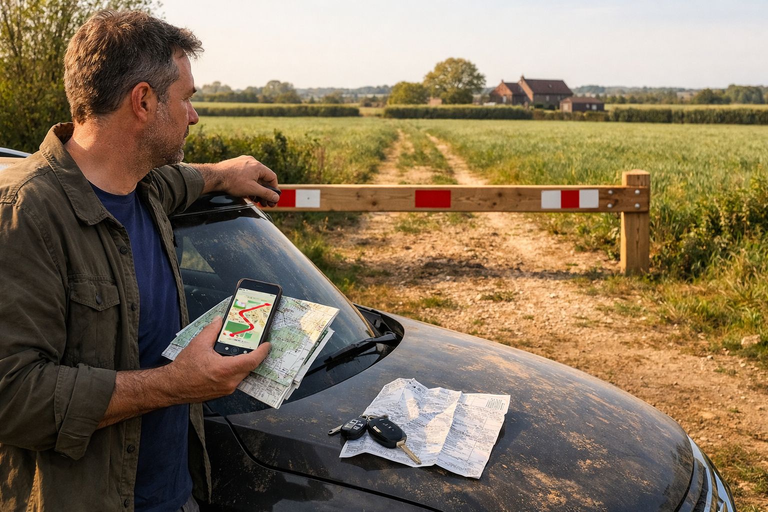 Homem consulta mapa e telemóvel junto a carro numa estrada rural bloqueada por cancela.