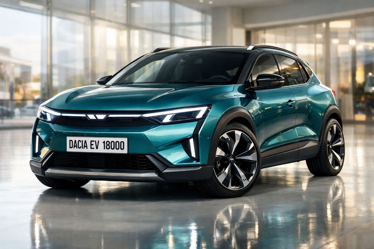 Carro elétrico Dacia EV 18000 verde metálico estacionado em espaço interior moderno.