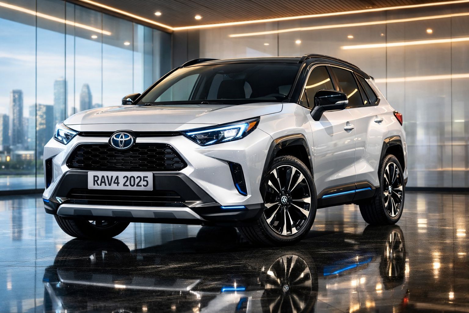 Toyota RAV4 2025 branco estacionado em salão moderno com janelas amplas e reflexo no chão.