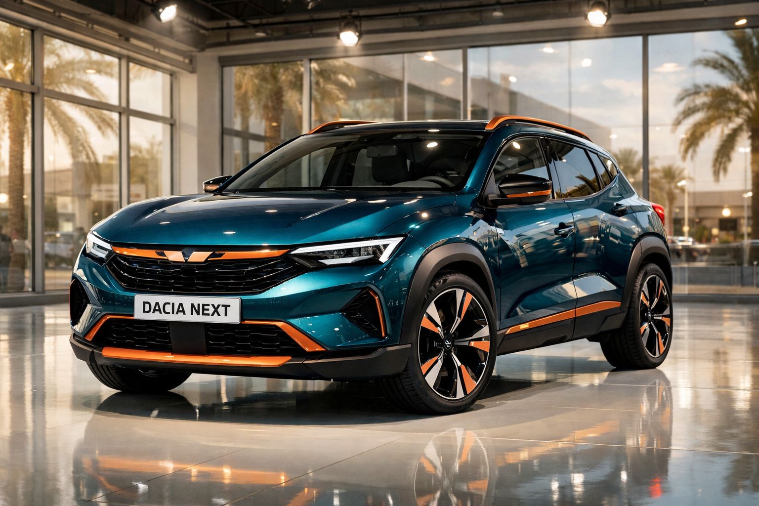 Automóvel Dacia Next azul com detalhes laranja, estacionado em espaço interior com janelas grandes e palmeiras.