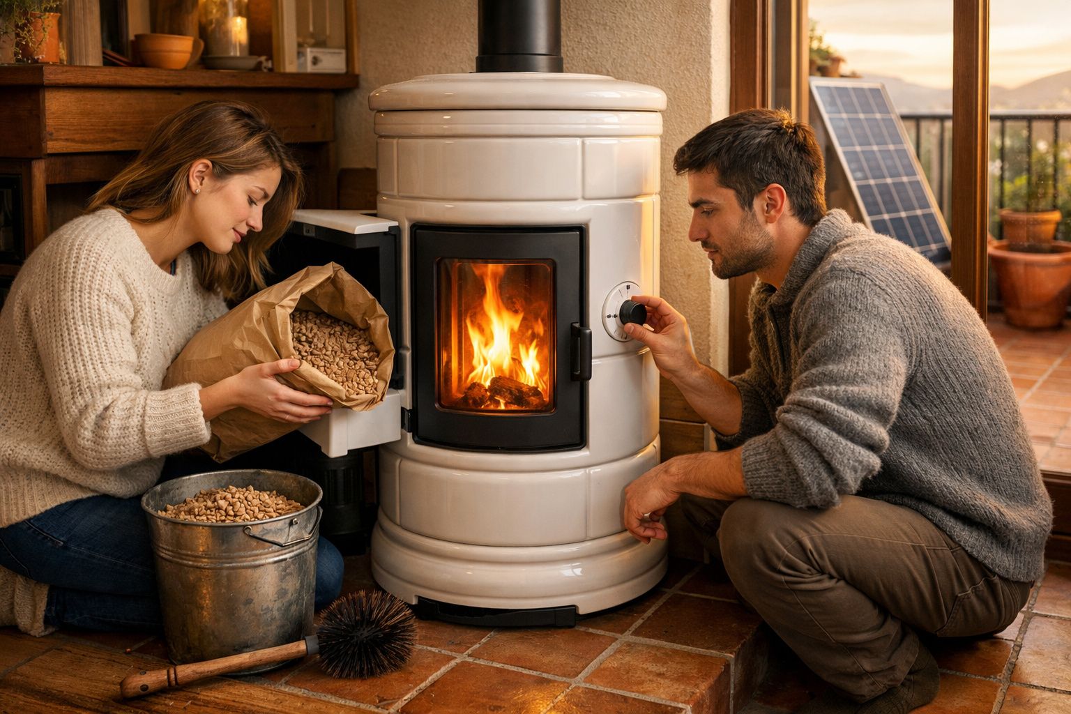 Casal junto a lareira a colocar pellets para alimentar o fogo numa casa acolhedora.