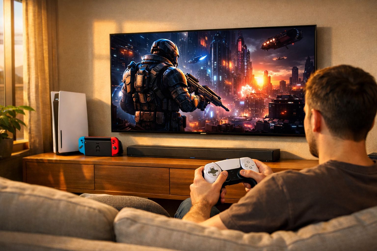 Homem sentado no sofá a jogar videojogos com comando na mão e ação futurista na televisão.