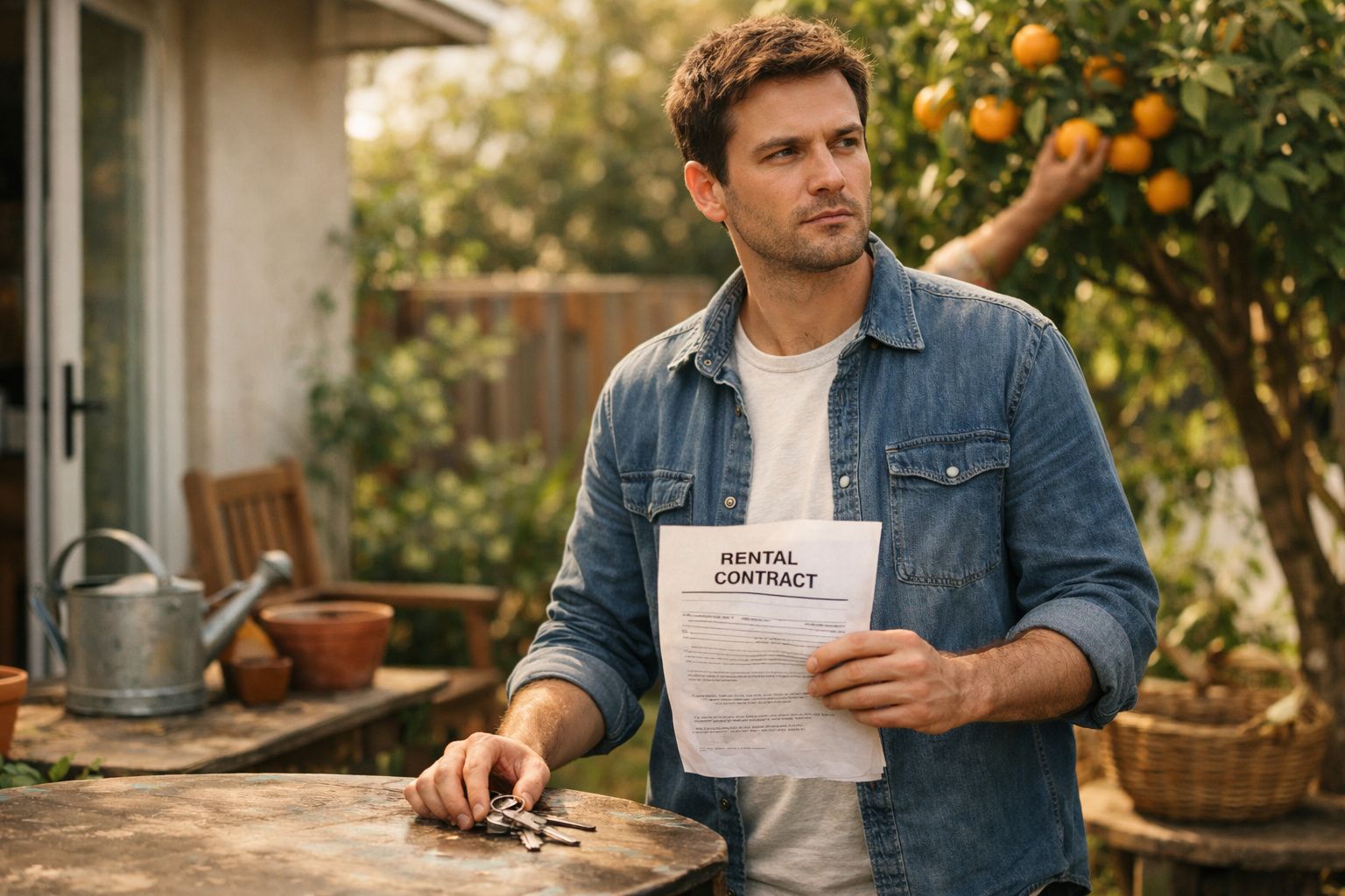 Homem com camisa jeans segura contrato de arrendamento e chaves, olhando para lado, em jardim com árvores e vasos.
