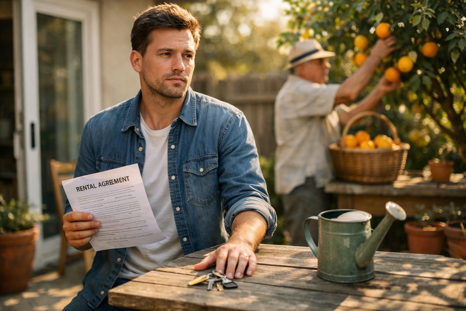 Homem sentado numa mesa de jardim com contrato de arrendamento e chaves na mão, outra pessoa apanha laranjas ao fundo.