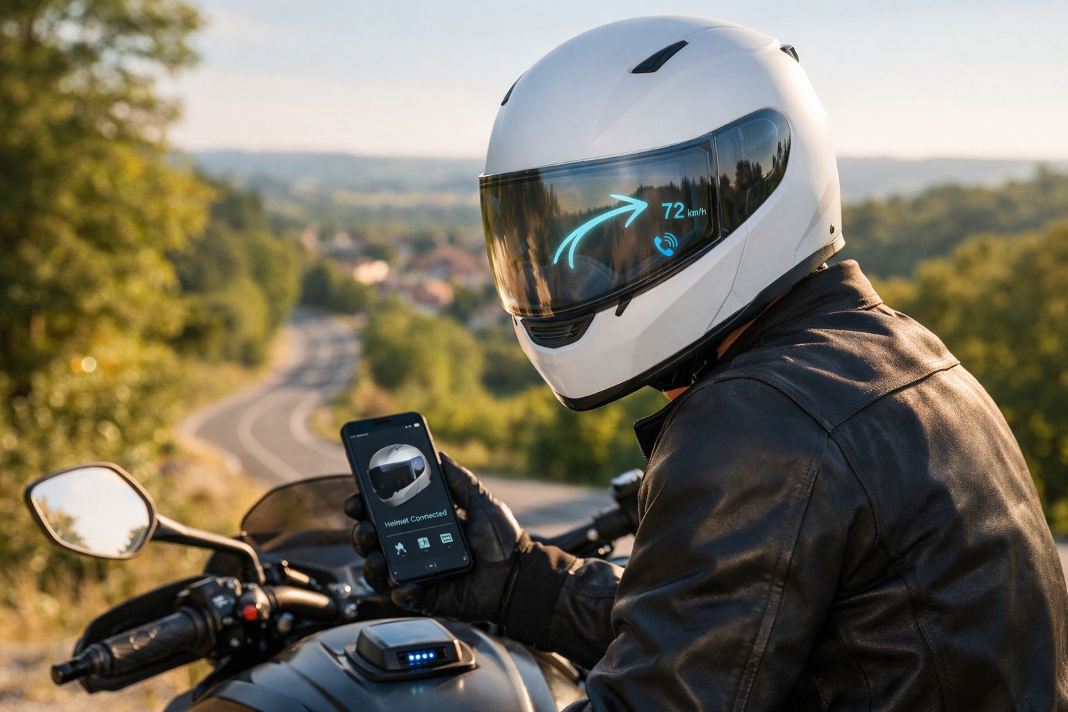 Motociclista com capacete inteligente e interface digital a 72 km/h segurando telemóvel junto a estrada rural.