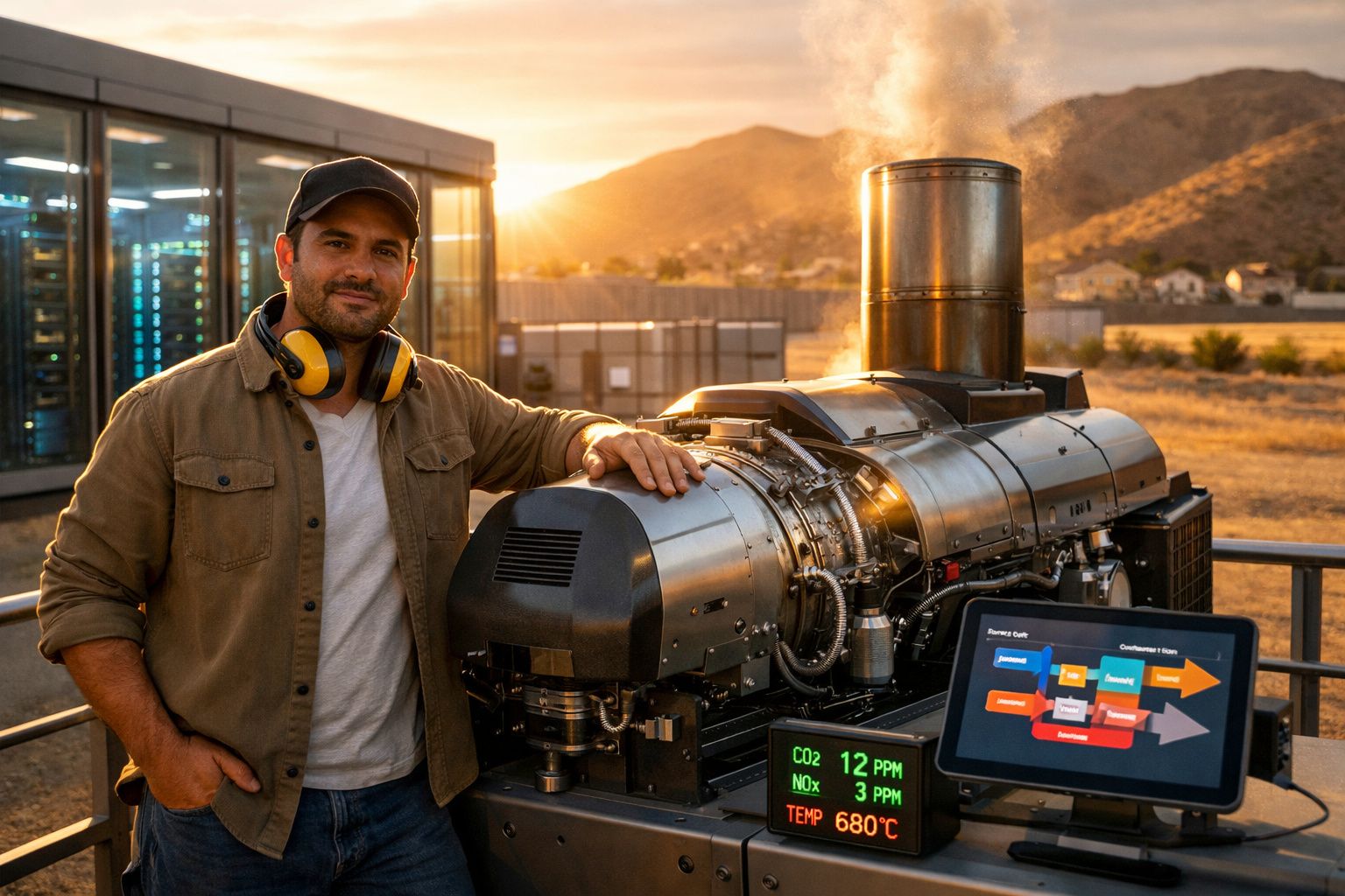 Homem com roupa casual e auscultadores de proteção ao pescoço junto a maquinaria industrial ao pôr do sol.