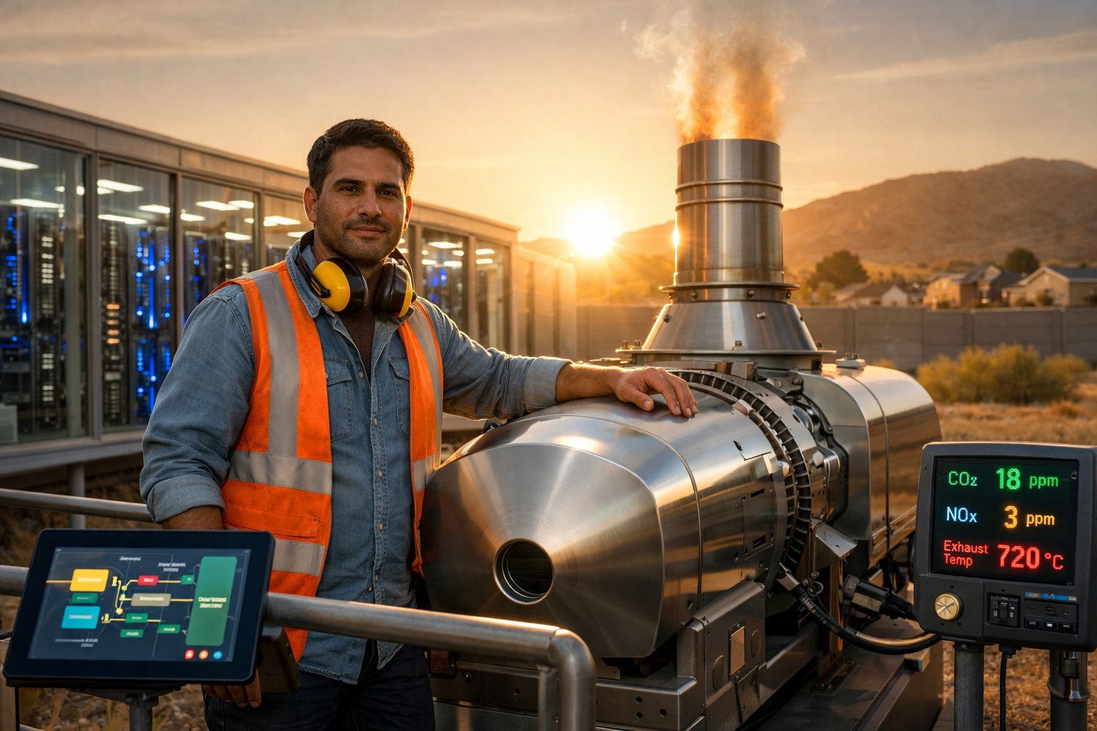 Engenheiro industrial junto a equipamento metálico com emissão de gases, visor mostra níveis de CO2, NOx e temperatura.