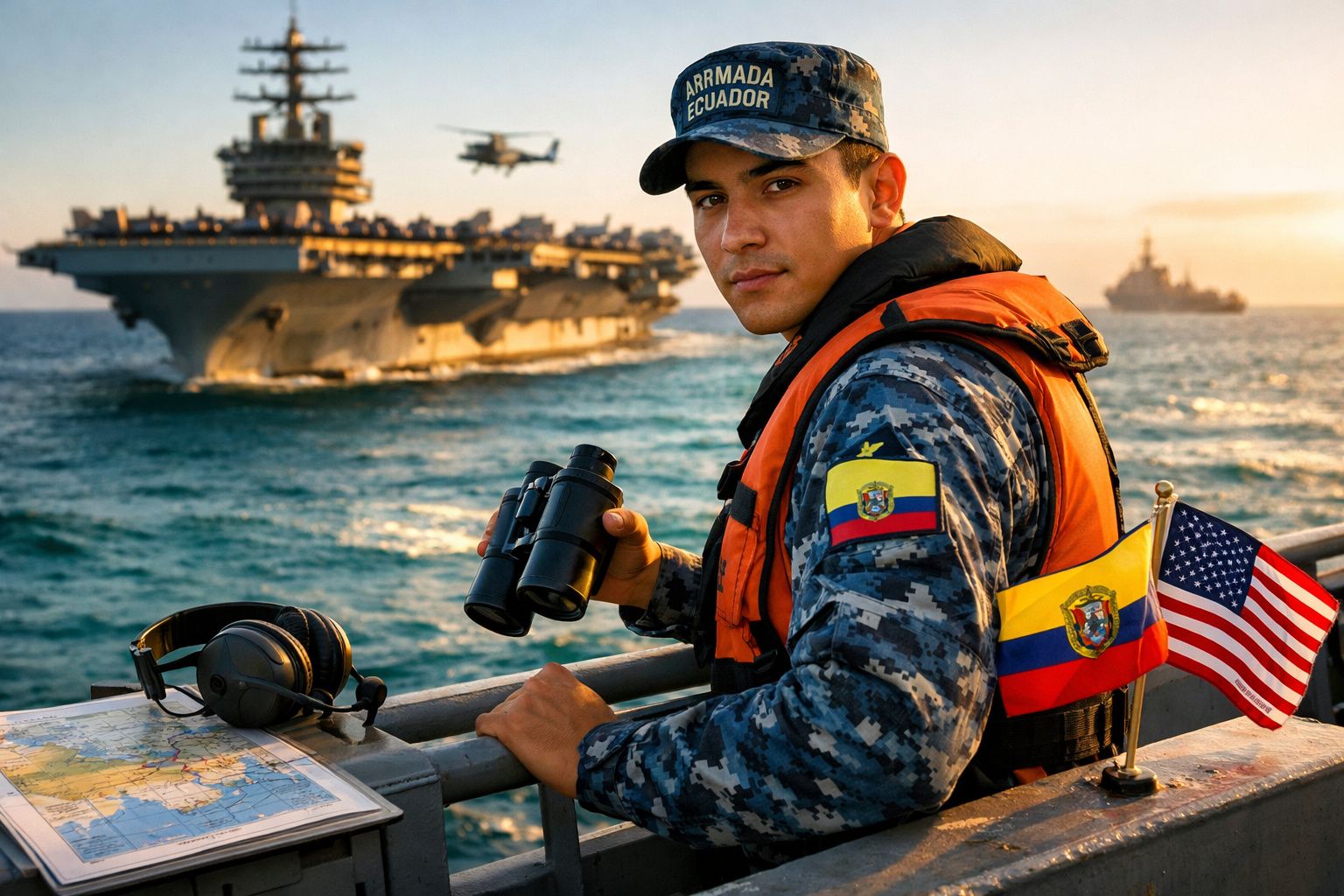 Militar da Armada do Equador com binocular, colete salva-vidas e bandeiras do Equador e EUA, com porta-aviões ao fundo.