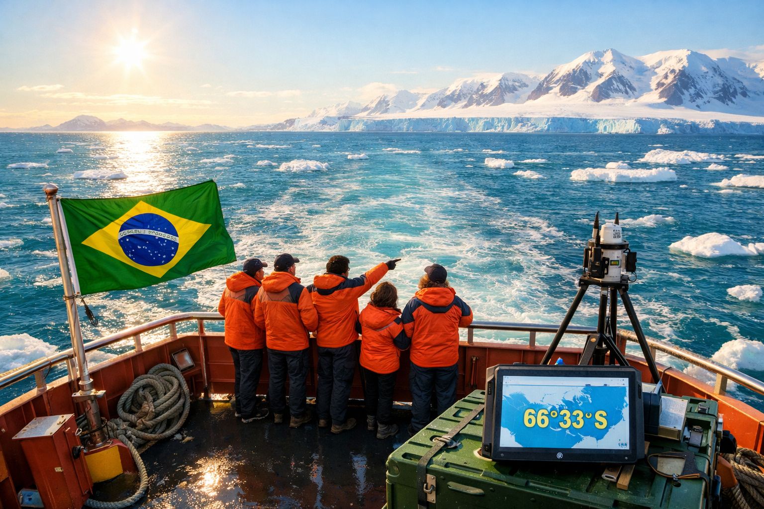 Equipe em casacos laranja observa a paisagem de gelo e montanhas a bordo de um barco com bandeira do Brasil.