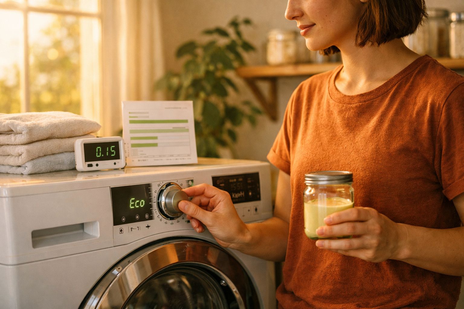 Pessoa a ajustar programa ecológico na máquina de lavar roupas segurando frasco com produto caseiro.