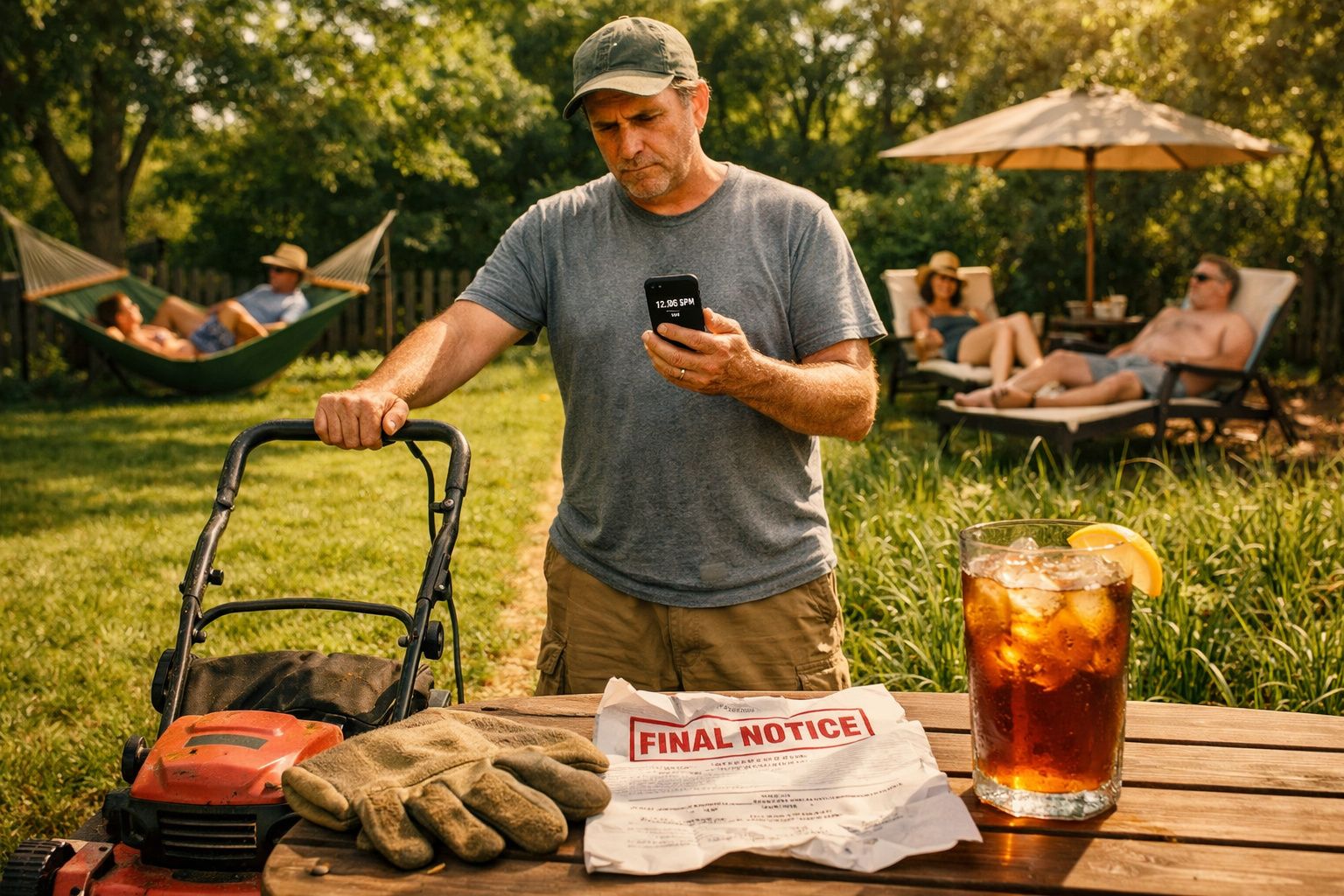 Homem a cortar relva e a olhar para o telemóvel, com aviso de despejo e bebida numa mesa ao ar livre.