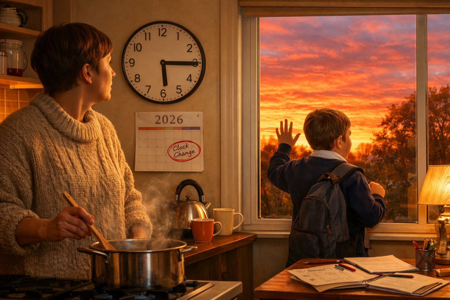 Mulher cozinha enquanto menino com mochila olha para o céu alaranjado ao amanhecer pela janela.