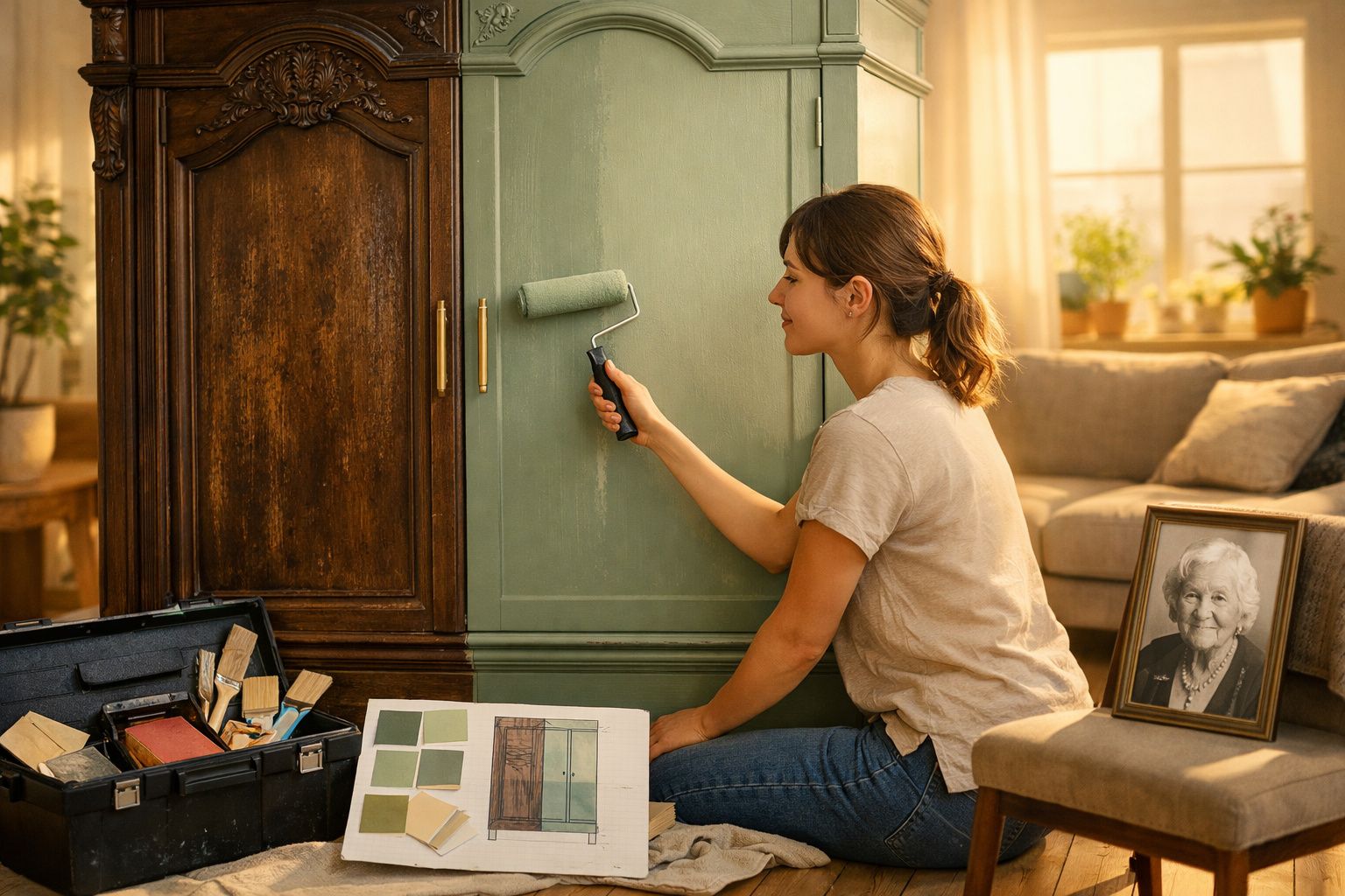 Mulher jovem a pintar um móvel antigo de madeira com tinta verde num ambiente acolhedor.