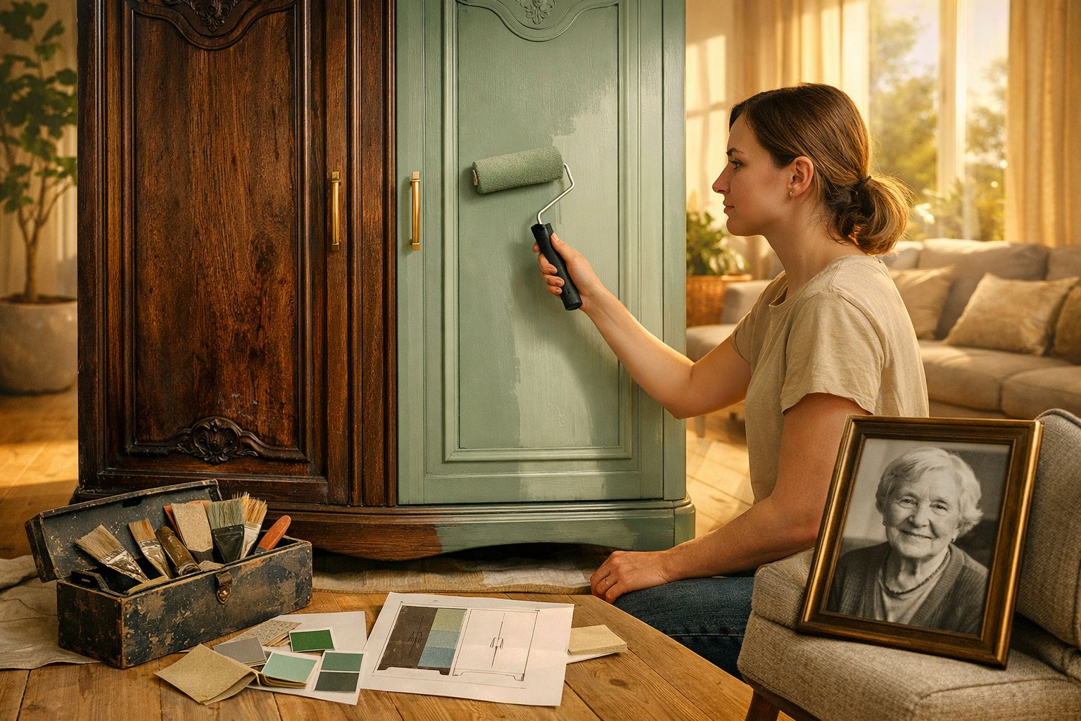 Mulher pinta armário antigo de verde com rolo, ao lado de caixa com pincéis e fotografia de idosa emoldurada.