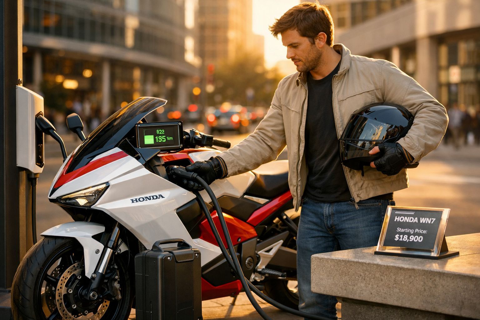 Homem a carregar uma mota elétrica Honda WN7 junto a um ecrã e um capacete nas mãos numa rua da cidade.