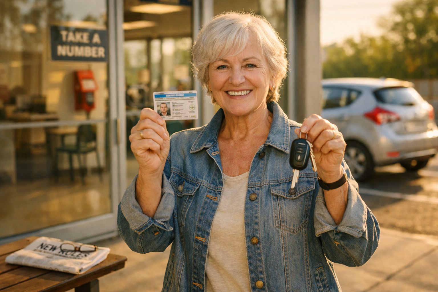 Mulher sorridente segura carta de condução e chave de carro, em frente a um edifício com carro estacionado.