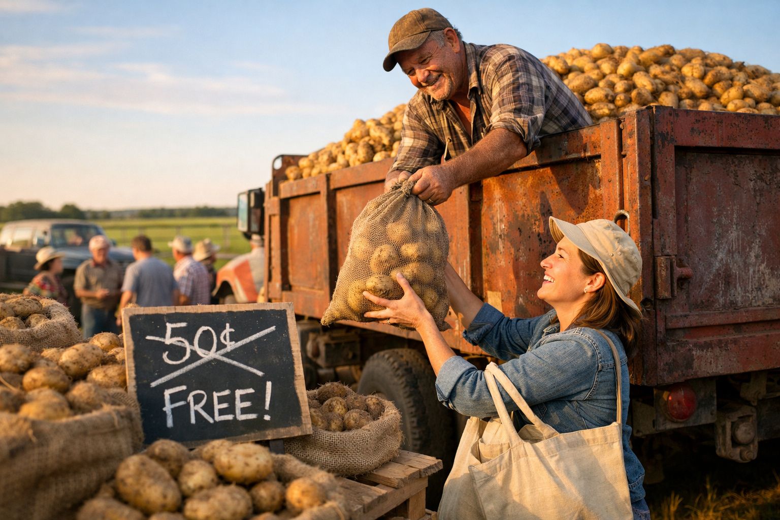 Homem entrega saco de batatas grátis a mulher num mercado agrícola ao ar livre ao pôr do sol.