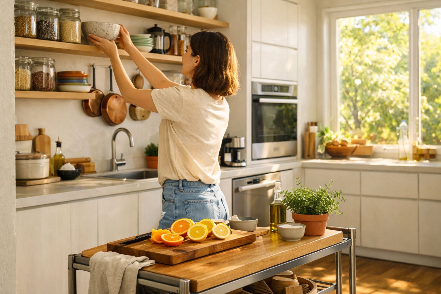 Mulher a organizar tupperwares numa cozinha moderna com fruta cortada num balcão de madeira.