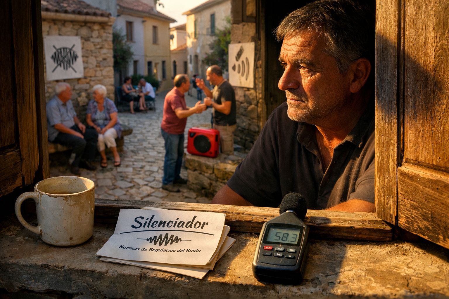 Homem junto a medidor de ruído e papel sobre silenciador, com pessoas a conversar em rua de pedra ao fundo.