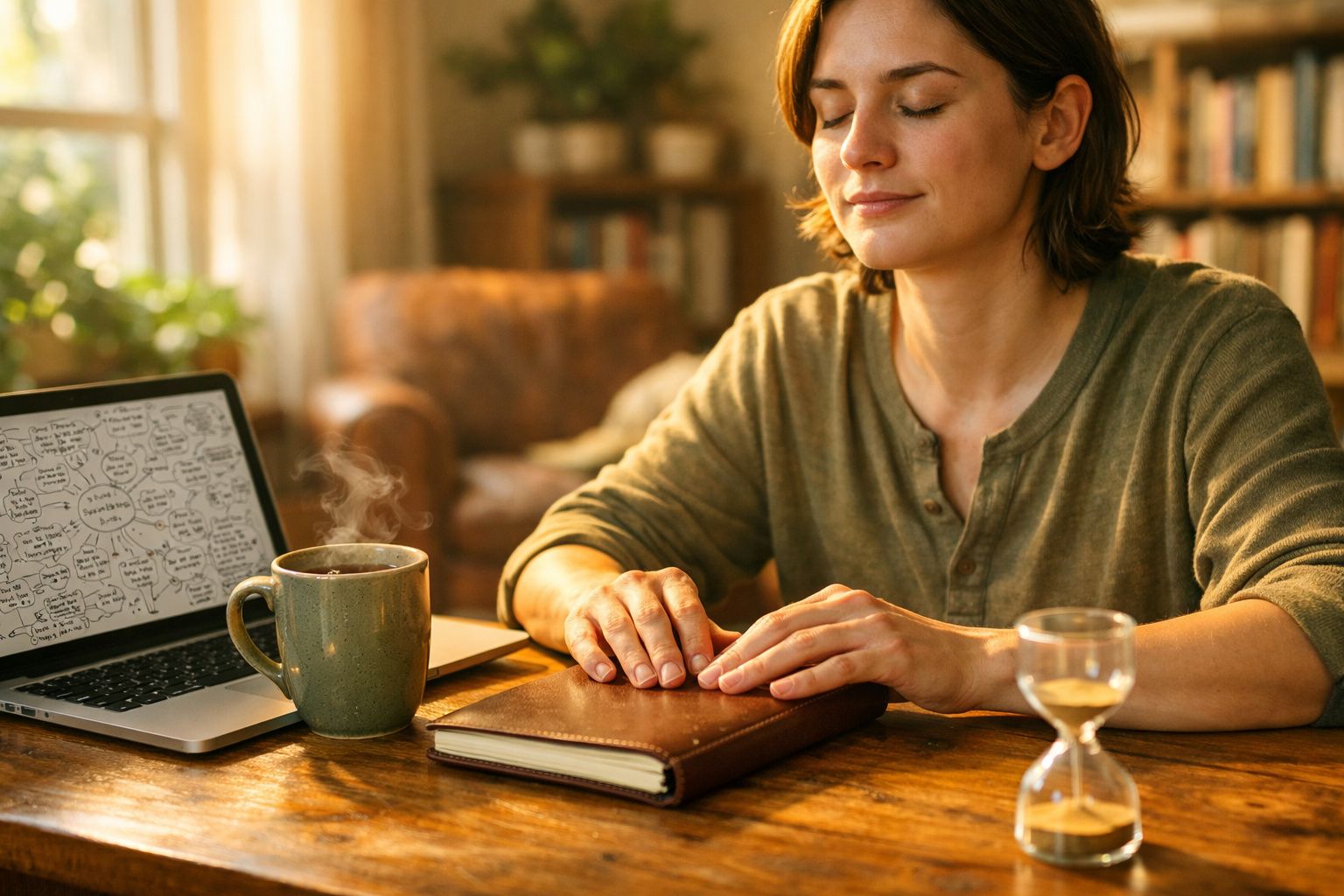 Pessoa sentada a meditar com olhos fechados, perto de computador, chá quente e ampulheta numa mesa de madeira.