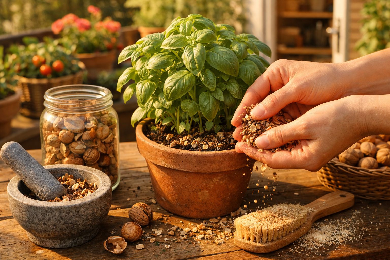Planta de manjericão em vaso de barro com mãos a espalhar composto orgânico e frutos secos numa mesa de madeira.